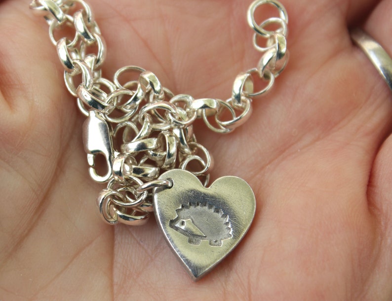 Hedgehog heart charm bracelet, hedgehog anniversary gift, pygmy hedgehog gift, hedgehog valentine gift, tiny silver hedgehog bracelet image 3