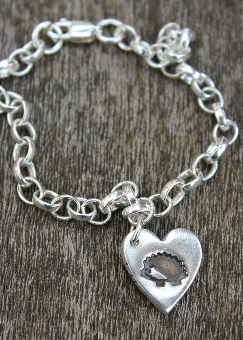 Hedgehog heart charm bracelet, hedgehog anniversary gift, pygmy hedgehog gift, hedgehog valentine gift, tiny silver hedgehog bracelet image 5