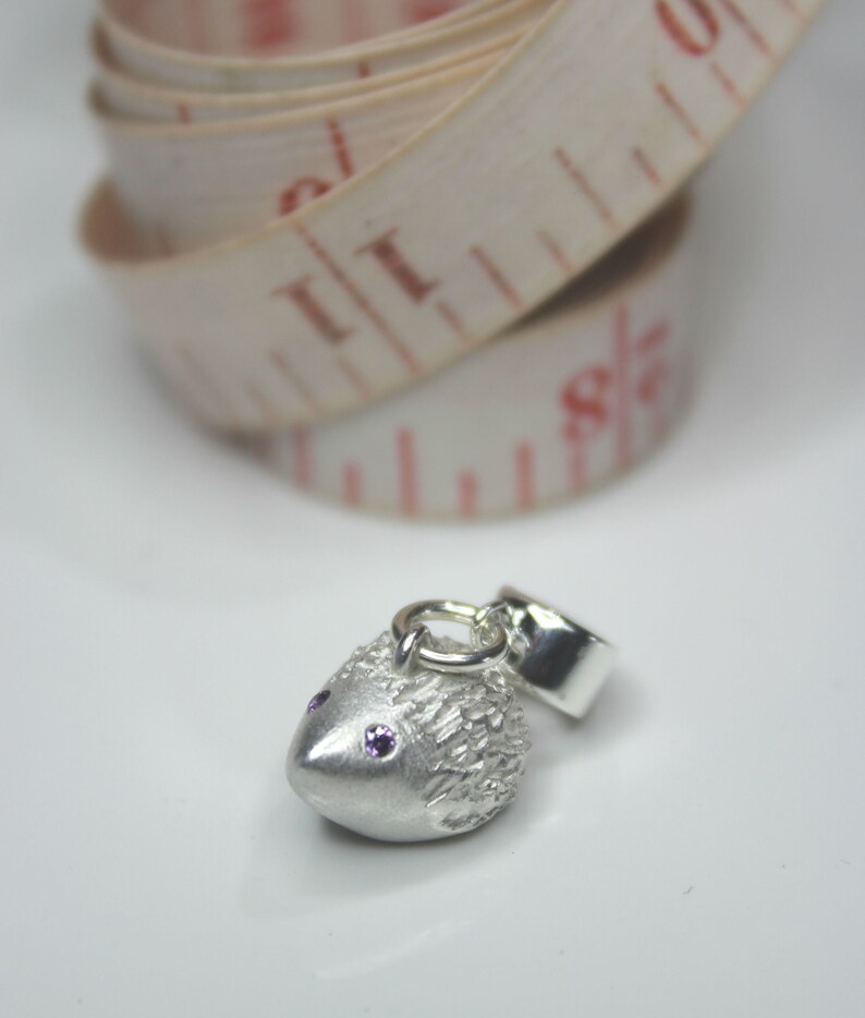 Solid silver hedgehog charm, hedgehog mom charm, christening charm, unique silver charm, custom silver charm, animal charm, animal charity Amethyst