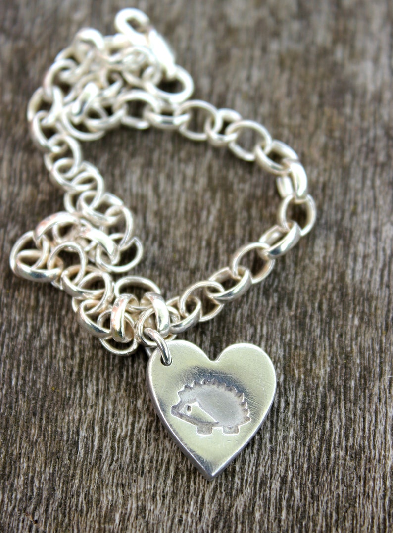 Hedgehog heart charm bracelet, hedgehog anniversary gift, pygmy hedgehog gift, hedgehog valentine gift, tiny silver hedgehog bracelet image 1