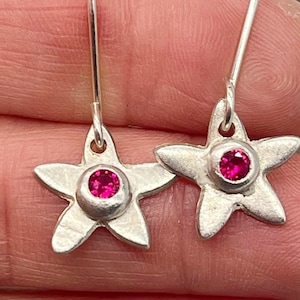May include: A pair of silver earrings with a pink gemstone in the centre of each star-shaped charm.