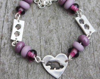 Badger bracelet with silver badger, badger tracks and handmade glass lampwork beads