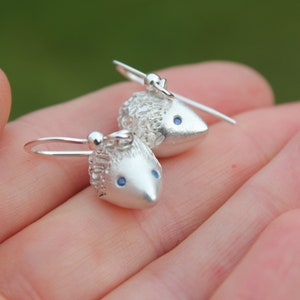 Solid silver hedgehog earrings, gemstone hedgehog earrings, sculpted hedgehog earrings, tiny sculpted hedgehogs, hedgehog jewellery