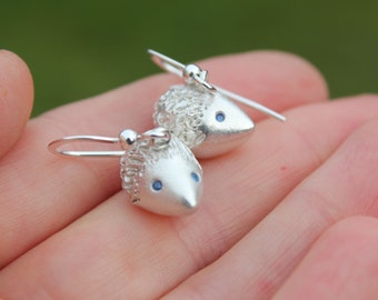 Solid silver hedgehog earrings, gemstone hedgehog earrings, sculpted hedgehog earrings, tiny sculpted hedgehogs, hedgehog jewellery