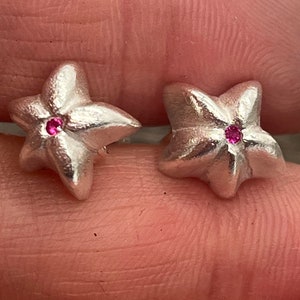 Op de afbeelding: Een paar zilveren stervormige oorbellen met roze edelstenen in het midden.