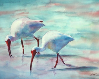 Ibis Birds Original watercolor print 5" x 7"