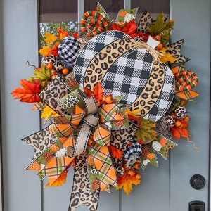 Leopard Fall Wreath, Fall Pumpkin Wreath for Front Door, Buffalo Check Pumpkin Decor, Modern Fall Wreath, Fall Wreath with Pumpkins & Leaves