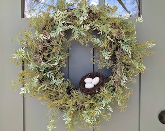 Bird Nest Wreath, Cottagecore Wreath, Simple Spring Wreath, Spring Front Porch Decor, Baby's Breath Wreath, Mini Ficus Wreath, Nest with Egg