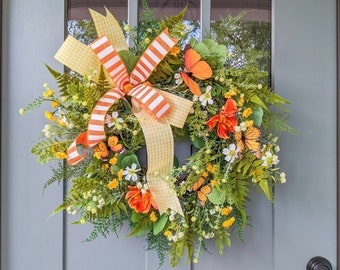 Spring Wreath with Butterflies, Spring Floral Wreath, Wildflower Wreath, Spring to Summer Front Porch Decor, Orange & Yellow Front Door