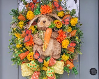 Bunny Carrot Wreath, Bright Easter Wreath, Butterfly Spring Wreath, Easter Front Porch Decor, Orange and Yellow Spring Front Door Wreath