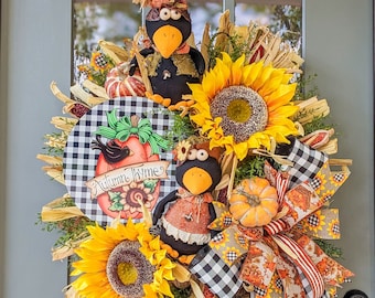Fall Sunflower Wreath, Crow Wreath, Corn Husk Wreath, Thanksgiving Door Wreath, Autumn Wreath for Front Door, Scarecrow Porch Decor