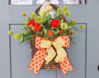 Spring Basket for Front Door, Easter Basket Door Hanger, Spring Basket Wreath, Carrot Door Decor, Grapevine Basket, Bunny Door Hanger