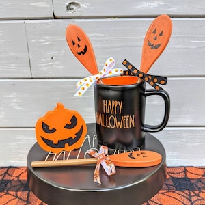 Jack O'Lantern Wooden Spoons, Halloween Tiered Tray Decor, Halloween Mug Toppers, Rae Dunn Accessor Jack O'Lantern Decor, Rustic Halloween
