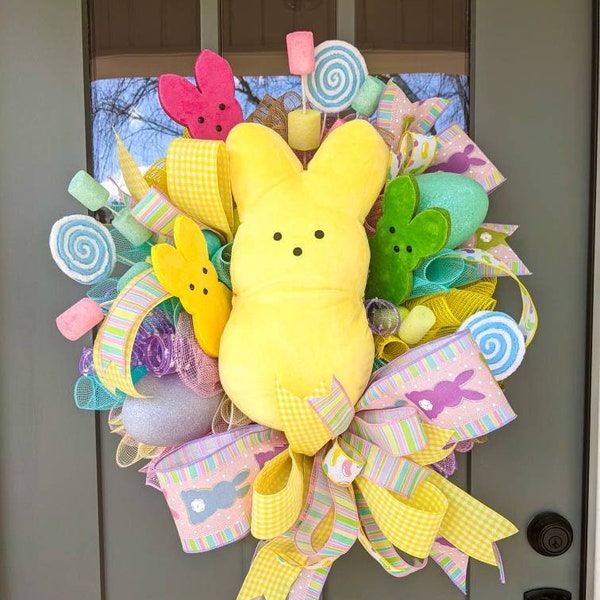 Marshmallow Bunny Wreath, Easter Candy Wreath Wreath, Sugar Bunny Wreath, Easter Front Porch, Pastel Easter Front Door, Yellow Bunny Decor