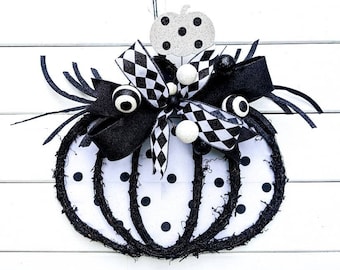 Pumpkin Door Hanger, Black and White Halloween Door Decor, Halloween Front Door, Canvas Door Hanger, Halloween Door Hanger