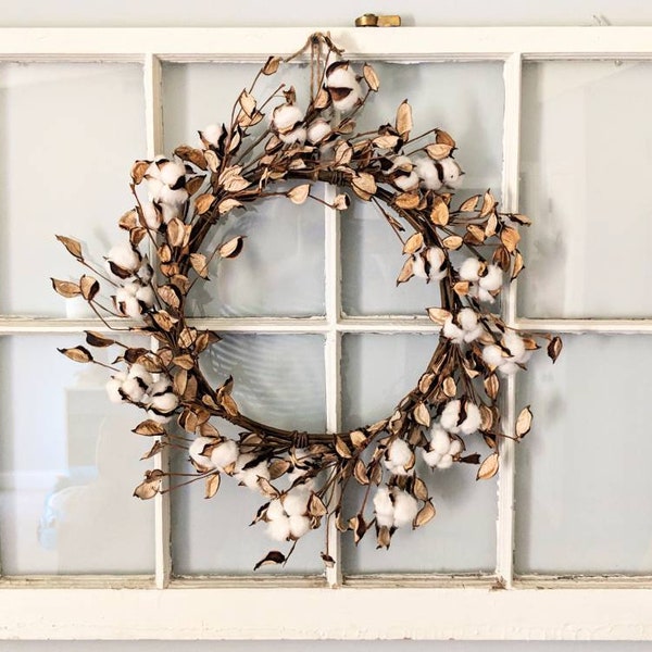 Cotton Wreath, Cotton Boll Wreath, Farmhouse Wreath, Wreath for Window, Gallery Wall Decor, Primitive Wreath, Rustic Wreath, Cotton Decor