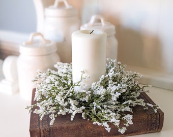 Anello candela Heather bianco, Anello candela floreale bianco, Anello candela pilastro da 3 pollici, Mini ghirlanda, ghirlanda per sedia, ghirlanda per armadio