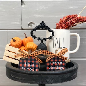 Könnte beinhalten: Ein schwarzes, mehrstufiges Tablett mit einer weißen Tasse, auf der "FALL" steht, und einer Holzkiste, die mit kleinen orangefarbenen Kürbissen gefüllt ist. Es gibt zwei kleine Holzschilder mit schwarzem und orangefarbenem Buffalo-Karo, auf denen "Hello Pumpkin" und "Harvest Blessings" steht.
