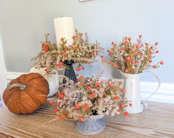 Fall Pumpkin Candle Ring, Fall Half Sphere, Fall Greenery Bush, Dough Bough Filler, Orange Pumpkin Floral Arrangement, Fall Floral Accent