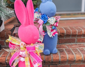 Large Flocked Bunny, Flocked Bunny with Bow and Flowers, Easter Front Porch Decor, Easter Centerpiece, Pink Bunny, Blue Bunny