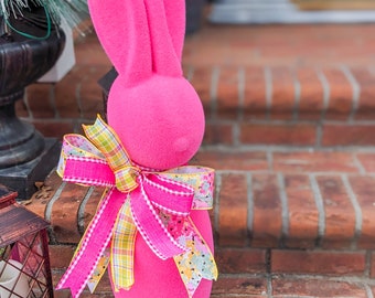 Large Flocked Bunny, Hot Pink Flocked Bunny with Bow, Easter Front Porch Decor, Easter Centerpiece, Button Nose Bunny, Standing Bunny