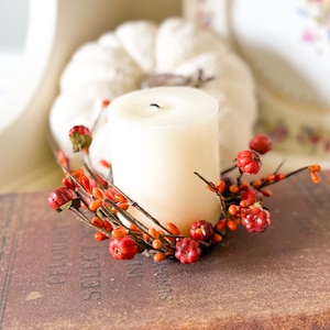 Pumpkin and Pip Berry Candle Ring,  Fall Candle Ring, Taper Candle Ring, Pillar Candle Ring, Fall Floral Accent, Halloween Candle Ring