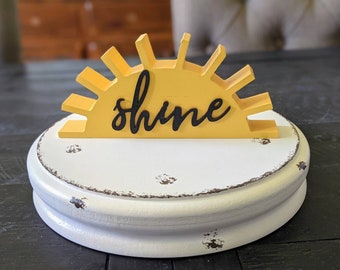 Drewniany znak „Sun Shine”, Letnia dekoracja na tacę piętrową, Znak na półkę, Letni znak, Żółta dekoracja, Jasny znak „Shine Bright”