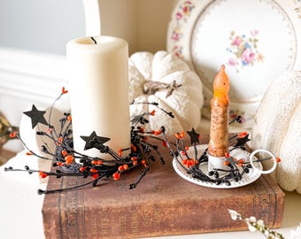 Halloween Pip Berry Candle Ring,  Orange and Black Candle Ring, Taper Candle Ring, Pillar Candle Ring, Halloween Candle Ring, Black Tin Star