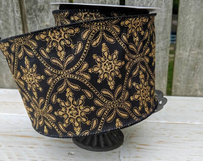 4 Inch Wired Ribbon, Black & Gold Ribbon, Fall Ribbon, Christmas Ribbon ...