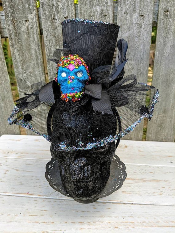 Halloween Top Hat, Skull Top Hat, Black Top Hat, Skull Decor, Wreath Attachment, Mini Top Hat, Halloween Costume Hat, Skeleton Top Hat