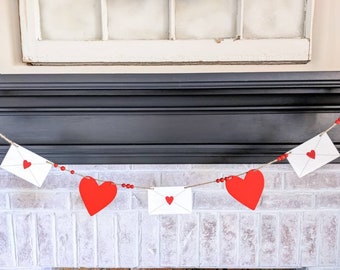 Valentine's Garland, Love Letter Garland, Red Heart Garland, Valentine's Mantel, Love Note Decor, Cupid Mail, Valentine Wooden Bead Garland