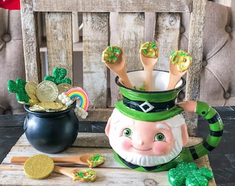 St. Patrick's Day Mini Gold Spoons, St. Patrick's Day Mug Toppers, St. Patrick's Tiered Tray Decor, Pot of Gold Decorations