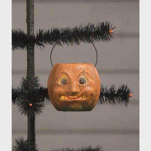 Mini Vintage Halloween Bucket, Bethany Lowe Designs, Jack O&#39;Lantern, Paper Mache Pumpkin Bucket,  Vintage Halloween Decor, Retro Halloween