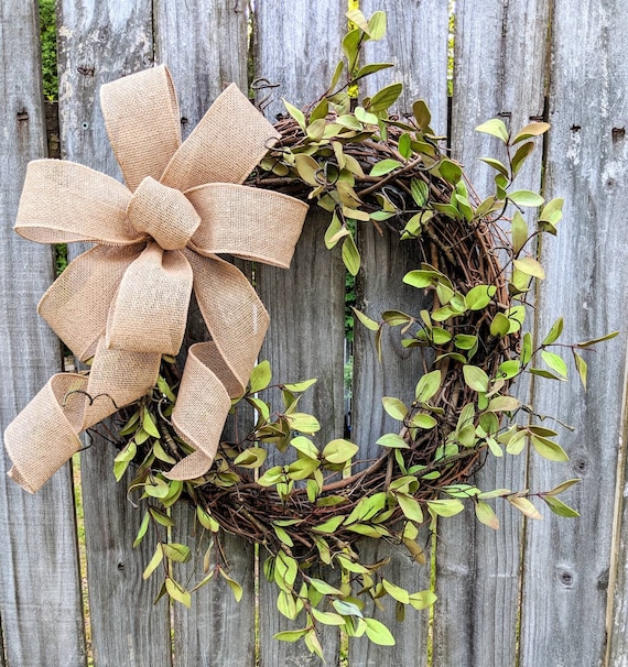 Greenery Wreath with Burlap Bow, Tea Leaf Rustic Primitive Wreath, Everyday Front Door Decor, All Season Wreath, Year Round Grapevine Wreath