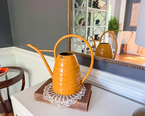 Metal Yellow Watering Can, Bee Hive Watering Can, Metal Pitcher