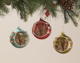 Sprinkles Tree Glass Diorama Ornaments, Bethany Lowe Designs, Set of Three Vintage Style Ornaments, Mercury Glass Ornaments, Retro Ornament