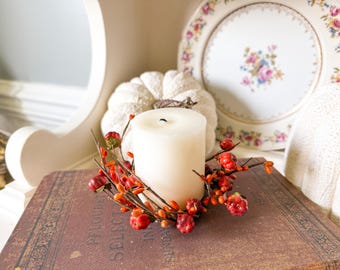 Pumpkin Candle Ring,  Fall Pip Berry Candle Ring, Taper Candle Ring, Pillar Candle Ring, Fall Floral Accent, Halloween Candle Ring