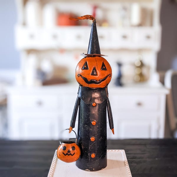Jack O'Lantern Figurine, Vintage Halloween Pumpkin Man with Candy Bucket, Recycled Metal Sculpture, Vintage Halloween Decor, Retro Halloween