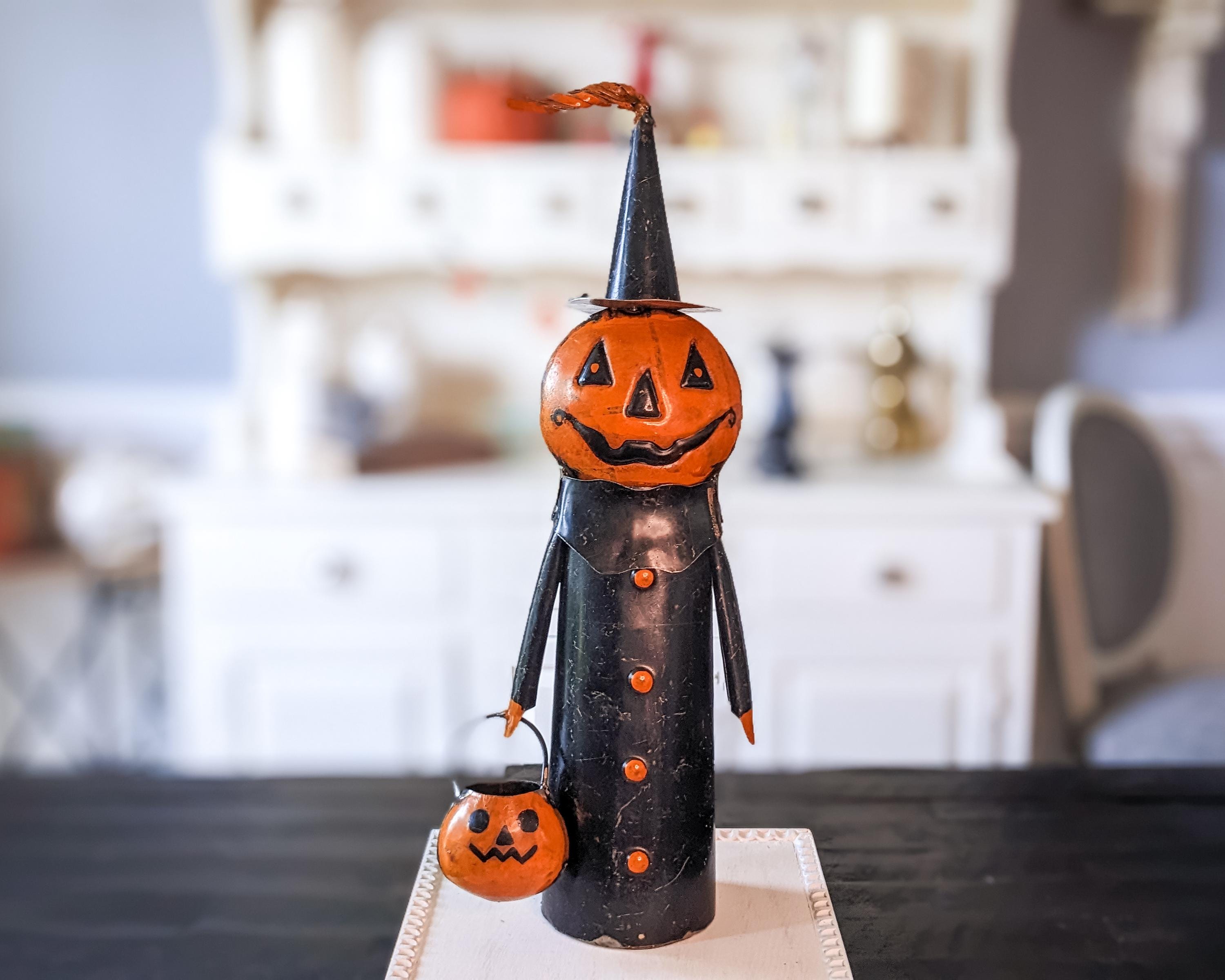 Jack O'lantern Figurine, Vintage Halloween Pumpkin Man With Candy