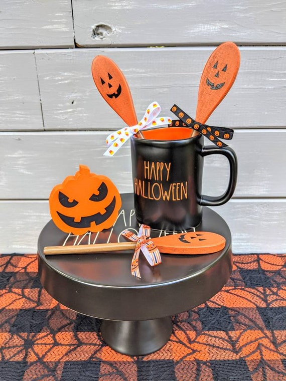 Jack O'Lantern Wooden Spoons, Halloween Tiered Tray Decor, Halloween Mug Toppers, Rae Dunn Accessor Jack O'Lantern Decor, Rustic Halloween