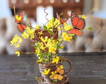 Forsythia Arrangement with Butterflies, Summer Centerpiece, Orange Butterfly Decor, Spring Yellow Floral Arrangement, Dining Table Decor