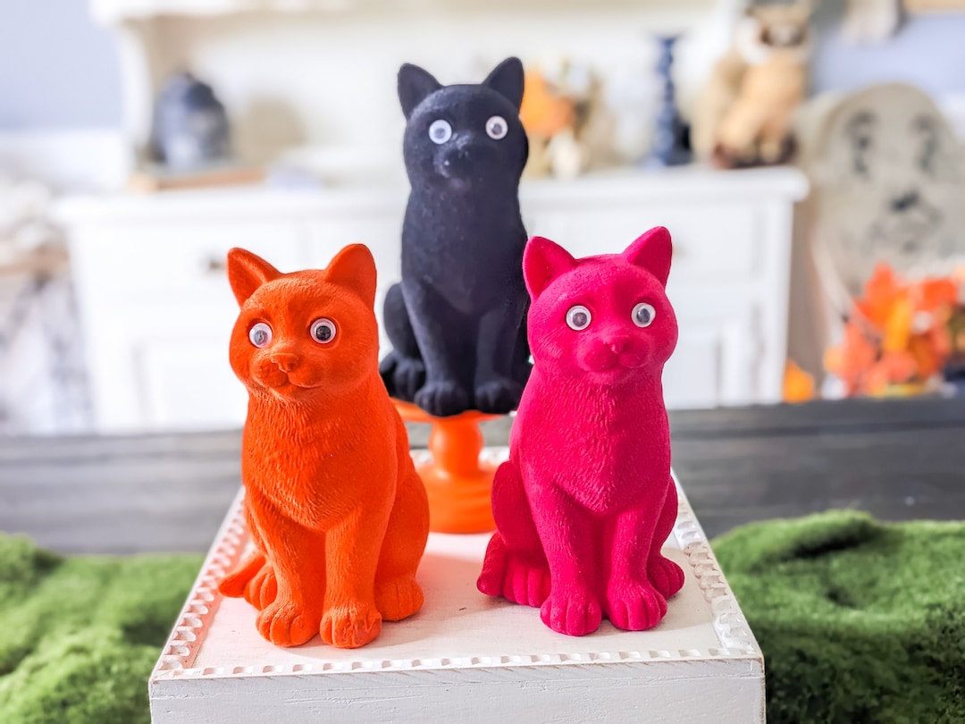 Flocked Cat, Halloween Cat Decor, Black Cat, Orange Cat, Pink Cat, Neon