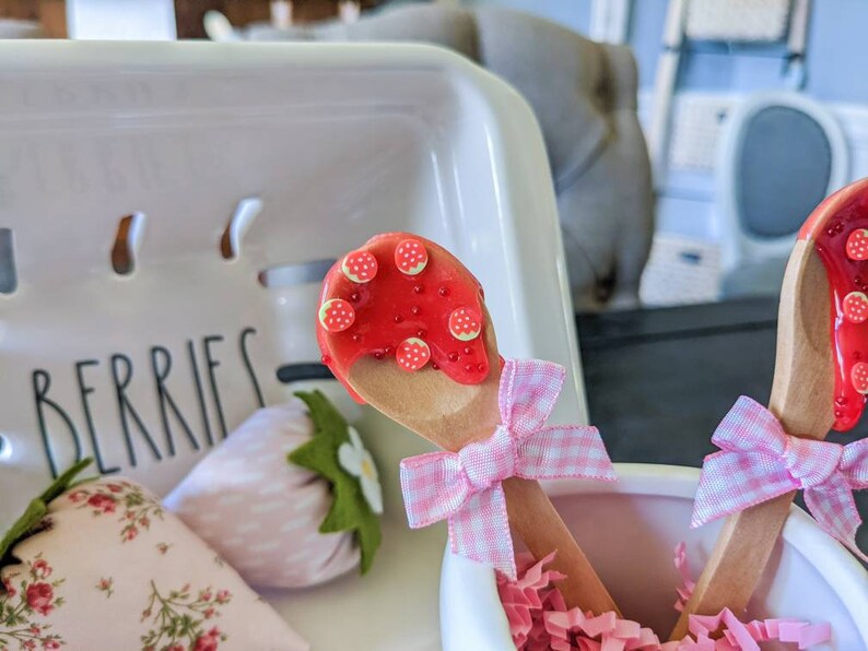 Fake Strawberry Jam Mini Spoon, Strawberry Tiered Tray Decor, Strawberry Mug Topper, Summer Tiered Tray, Rae Dunn Accessories image 3