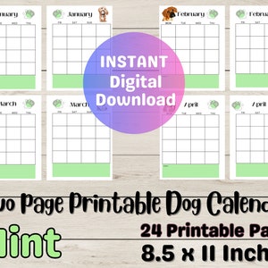 Calendario imprimible sin fecha para amantes de los perros/ Calendario imprimible/ Calendario imprimible ilustrado para perros/ Calendario imprimible sin fecha/2 páginas por mes