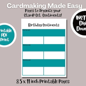 Système d'organisation de timbres de sentiment imprimable | Jeu de tampons imprimable | Outil de fabrication de cartes imprimable | Pages d'organisation imprimables pour les timbres