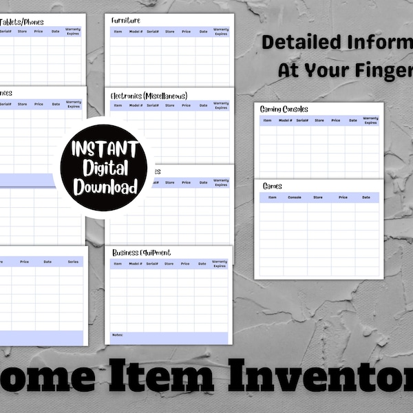 Home Item Inventory|Printable Inventory List| Inventory List for Insurance|Printable Inventory|Household Item Inventory