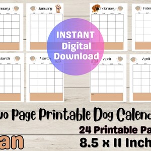 Calendario imprimible sin fecha para amantes de los perros/ Calendario imprimible de 2 páginas por mes/ Calendario imprimible ilustrado para perros/ Calendario imprimible sin fecha