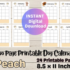 Calendario imprimible sin fecha para amantes de los perros/ Calendario imprimible/ Calendario imprimible ilustrado para perros/ Calendario imprimible sin fecha/Melocotón