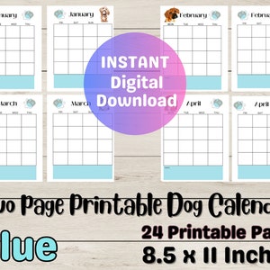 Calendario imprimible sin fecha para amantes de los perros/ Calendario imprimible/ Calendario imprimible ilustrado para perros/ Calendario imprimible sin fecha/Diseño azul