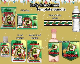 Puede incluir: Un paquete de plantillas con temática navideña con el Grinch. Incluye bolsa de patatas fritas, etiquetas para botellas de agua, etiquetas para desinfectante de manos y etiquetas para vino. Cada diseño tiene un retrato del Grinch y el texto "Merry Grinchmas".